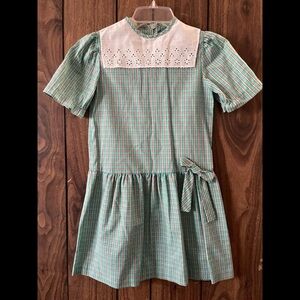 Vintage Robyn Sue Green Plaid Short Sleeve Drop Waist Square bib collar Dress 8